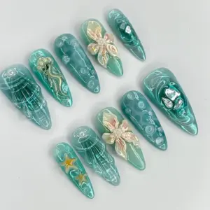 Mermaid Ocean Press On Nails 3D Jellyfish Teal Summer Fake Nails 2