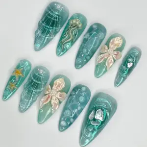 Mermaid Ocean Press On Nails 3D Jellyfish Teal Summer Fake Nails 3