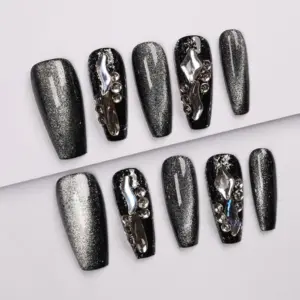 Metallic black 3D silver rhinestone gothic press on nails fake nails