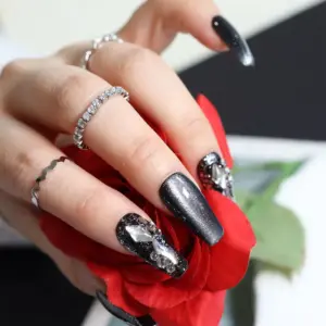 Metallic Black 3D Press On Nails Silver Rhinestone Fake Nails 2