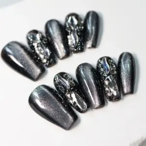 Metallic Black 3D Press On Nails Silver Rhinestone Fake Nails 3
