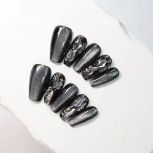 Metallic Black 3D Press On Nails Silver Rhinestone Fake Nails 4