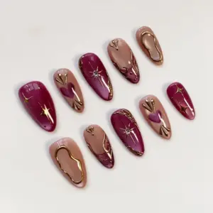 Mulberry Cat Eye Press On Nails 3D Gold Chrome 1