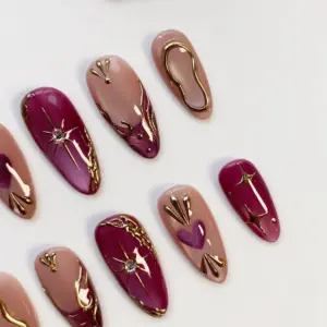 Mulberry Cat Eye Press On Nails 3D Gold Chrome 2