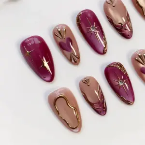 Mulberry Cat Eye Press On Nails 3D Gold Chrome 3