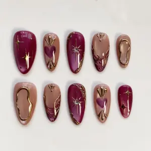 Mulberry cat eye 3D gold chrome heart star burgundy gothic press on nails fake nails