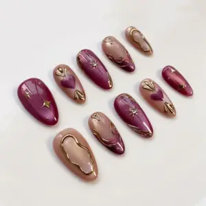 Mulberry Cat Eye Press On Nails 3D Gold Chrome 5