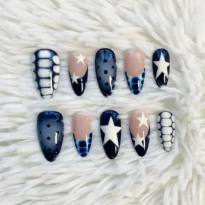 Navy Blue Y2K Press On Nails Star French Tie Dye Fake Na