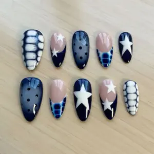 Navy Blue Y2K Press On Nails Star French Tie Dye Fake Na 3
