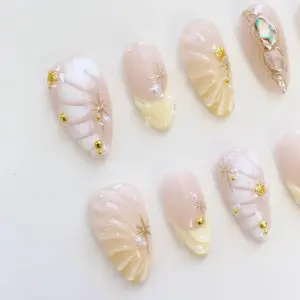 Nude Pearl Press On Nails Shell Abalone Gold Star Summer Fake Nails 2