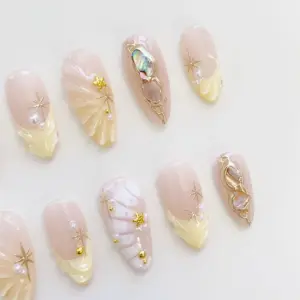 Nude Pearl Press On Nails Shell Abalone Gold Star Summer Fake Nails 3