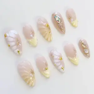 Nude Pearl Press On Nails Shell Abalone Gold Star Summer Fake Nails 4