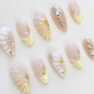 Nude Pearl Press On Nails Shell Abalone Gold Star Summer Fake Nails 5