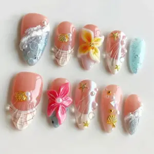 Nude Pink Shell Press On Nails 3D Floral 2