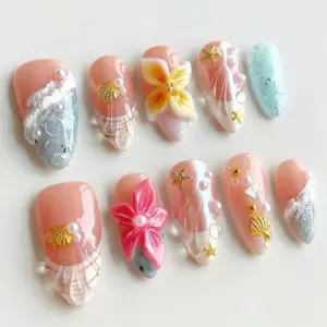 Nude Pink Shell Press On Nails 3D Floral 4