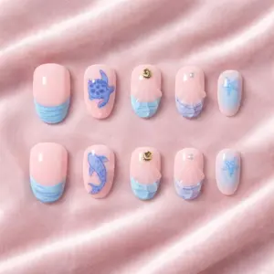 Ocean Animal Press On Nails Pink Blue Turtle Fake Nails 2