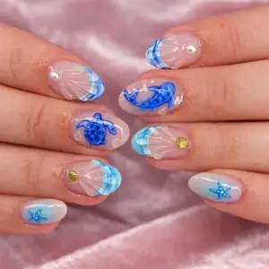 Ocean Animal Press On Nails Pink Blue Turtle Fake Nails 3