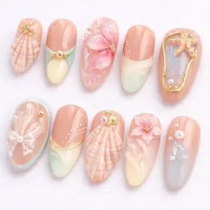 Ocean Dream Press On Nails Shell Starfish Floral Fake Nails 2
