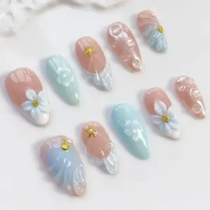 Ocean Floral Press On Nails Pearl Shell Summer Fak 1