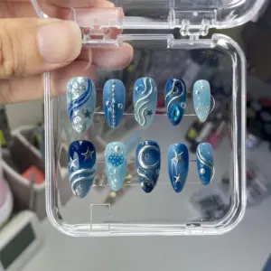 Ocean Galaxy Press On Nails Blue Star Moon Fake Nails 2
