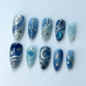 Ocean Galaxy Press On Nails Blue Star Moon Fake Nails 3