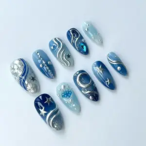 Ocean Galaxy Press On Nails Blue Star Moon Fake Nails 4
