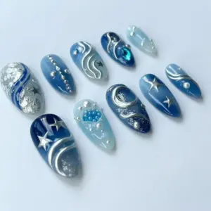 Ocean Galaxy Press On Nails Blue Star Moon Fake Nails 5