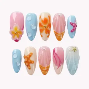 Pastel summer press on nails with 3D yellow-orange plumeria bloom and crystal bead, orange 3D starfish on peach base, hot pink starfish on powder blue, gold starfish with pearl beads on white shell nail, clear bubble gel water droplets on aqua, hand-painted hibiscus, and shell fan relief in orange-peach and blue tones on summer fake nails