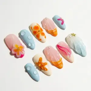 Pastel Ocean Press On Nails 3D Starfish Shell 1 4