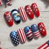 Patriotic press on nails featuring bald eagle American flag stars and stripes fireworks design for 4th of July