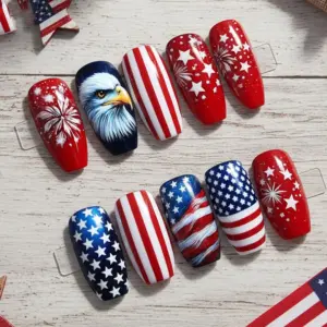 Patriotic press on nails featuring bald eagle American flag stars and stripes fireworks design for 4th of July