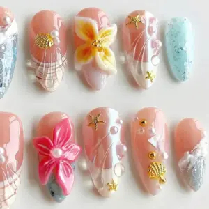 Peach Ocean Press On Nails 3D Floral Shell Gold Star Summer 2
