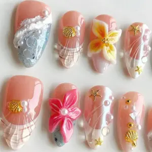 Peach Ocean Press On Nails 3D Floral Shell Gold Star Summer 3