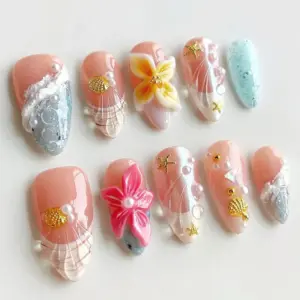 Peach Ocean Press On Nails 3D Floral Shell Gold Star Summer 4