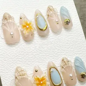 Pearl Press On Nails 3D Shell Abalone Gold Summer Fake Nails