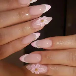 Pink 3D flower french tip handmade press on nails fake nails birthday gift