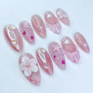 Pink Aurora Press On Nails 3D Floral Shell