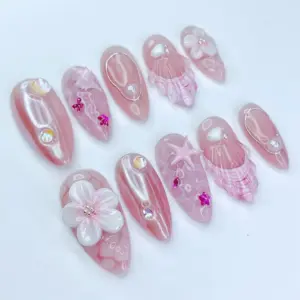 Pink Aurora Press On Nails 3D Floral Shell 3