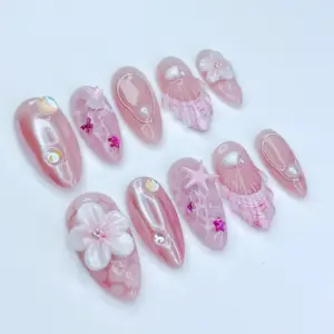 Pink Aurora Press On Nails 3D Floral Shell 4