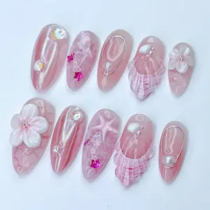Pink Aurora Press On Nails 3D Floral Shell 5
