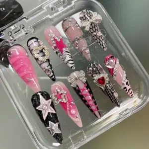 Pink Black Y2K Press On Nails Bow Star Heart Fake Nails 1