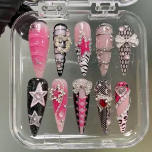 Pink Black Y2K Press On Nails Bow Star Heart Fake Nails 2