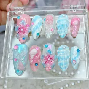 Pink Blue Shell Press On Nails 3D Floral Ocean