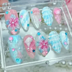 Pink Blue Shell Press On Nails 3D Floral Ocean 3