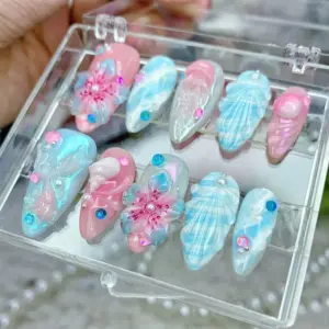 Pink Blue Shell Press On Nails 3D Floral Ocean 4