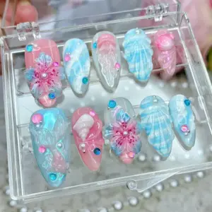 Pink Blue Shell Press On Nails 3D Floral Ocean 5