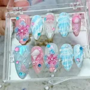 Pink Blue Shell Press On Nails 3D Floral Ocean 6