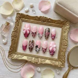 Pink Bow Press On Nails Leopard Zebra Star Fake Nails ST42 2