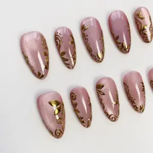 Pink Cat Eye Press On Nails Gold Floral 3D Bling Nails