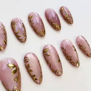Pink Cat Eye Press On Nails Gold Floral 3D Bling Nails 1